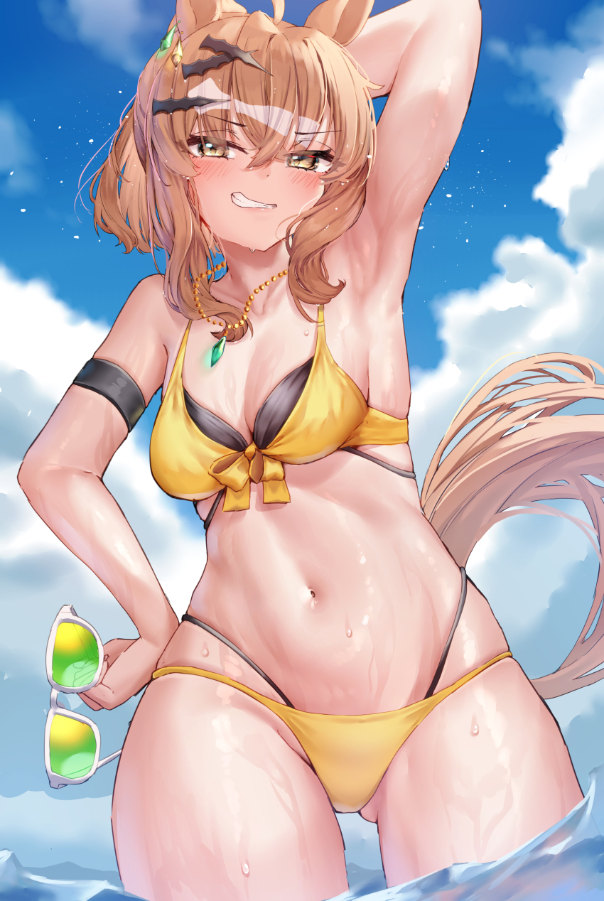 1girl absurdres ahoge alternate_costume animal_ears arm_up armpits bikini breasts collarbone grin hair_between_eyes hair_ornament highres horse_ears horse_girl horse_tail jungle_pocket_(umamusume) looking_at_viewer navel ocean small_breasts smile solo sunglasses swimsuit tabunshake tail umamusume wet