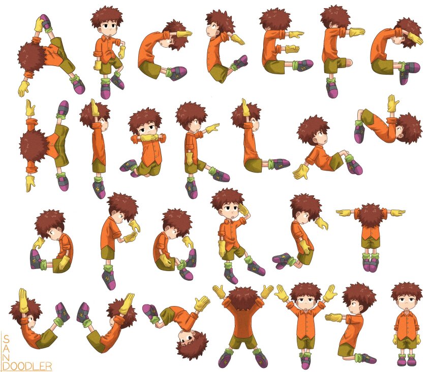 1boy alphabet black_eyes black_footwear brown_hair brown_shorts collared_shirt d_sandy digimon expressionless from_behind from_side full_body gloves green_socks highres izumi_koshiro letter_pose long_sleeves looking_at_viewer loose_socks male_focus multicolored_footwear multiple_views open_mouth orange_shirt purple_footwear shirt shoes short_hair shorts sideways_mouth simple_background sleeves_rolled_up sneakers socks spiked_hair white_background yellow_gloves