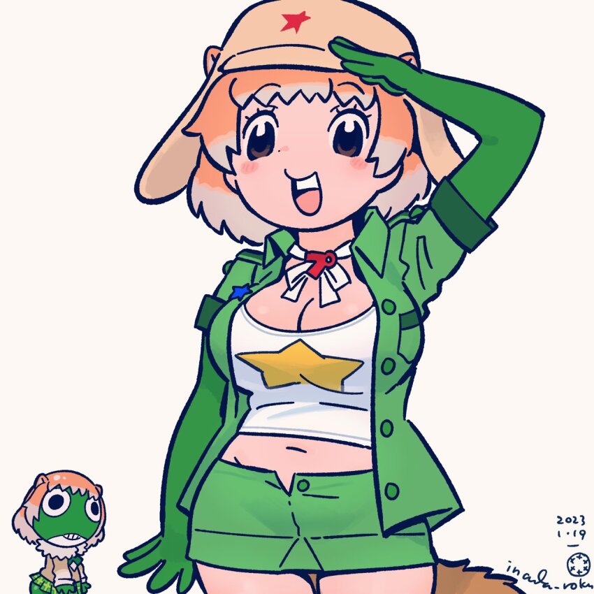 1boy 1girl animal_ears black-tailed_prairie_dog_(kemono_friends) black_eyes bow bowtie brown_hair elbow_gloves extra_ears frog gloves hat highres inada_roku jacket kemono_friends kemono_friends_3 keroro keroro_gunsou looking_at_viewer navel shirt short_hair shorts simple_background star_(symbol) tail trait_connection