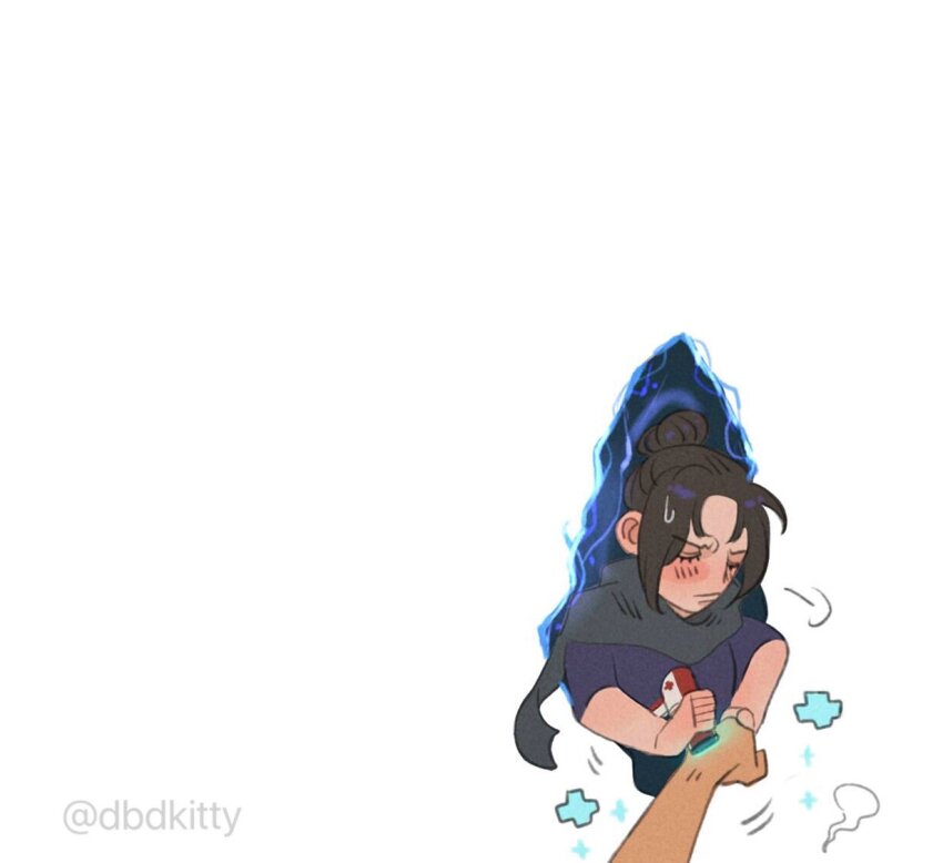 1boy 1girl apex_legends black_hair black_scarf blue_eyes blush breasts closed_eyes commentary hair_behind_ear hair_bun kitty_keihara medium_breasts mirage_(apex_legends) parted_bangs portal_(object) purple_shirt scarf shirt single_hair_bun symbol-only_commentary twitter_username v-shaped_eyebrows white_background wraith_(apex_legends)