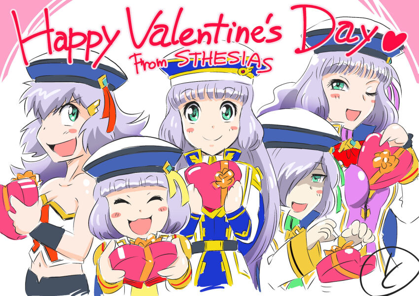 5girls aqua_eyes beret box breasts chocolate closed_eyes closed_mouth commentary_request english_text gift green_eyes grey_hair gundam gundam_exa gundam_exa_vs happy_valentine hat heart-shaped_box highres holding holding_gift incoming_gift long_hair looking_at_viewer multicolored_hair multiple_girls official_art one_eye_closed open_mouth short_hair smile sthesia_awar sthesia_awar_acht sthesia_awar_nono sthesia_awar_primo sthesia_awar_sesto thighhighs tokita_kouichi upper_body valentine white_hair