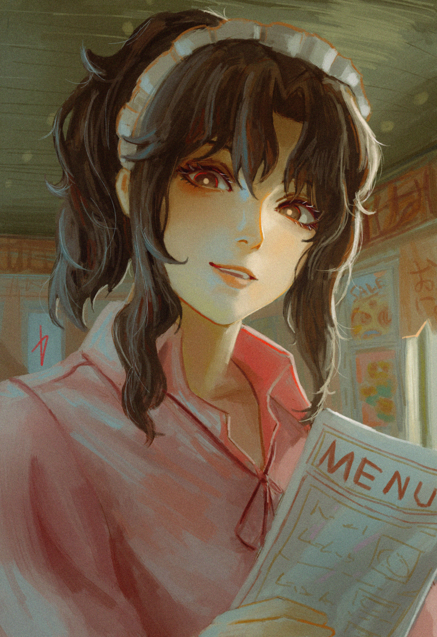 1girl absurdres amagami black_eyes black_hair collared_shirt commentary curly_hair english_commentary film_grain heavy_film_grain high_ponytail highres hiki_katoh holding holding_menu indoors lips looking_at_viewer maid_headdress medium_hair menu messy_hair neck_ribbon official_alternate_costume official_alternate_hairstyle parted_bangs parted_lips pink_shirt ponytail realistic red_ribbon ribbon shirt solo tanamachi_kaoru upper_body waitress wavy_hair