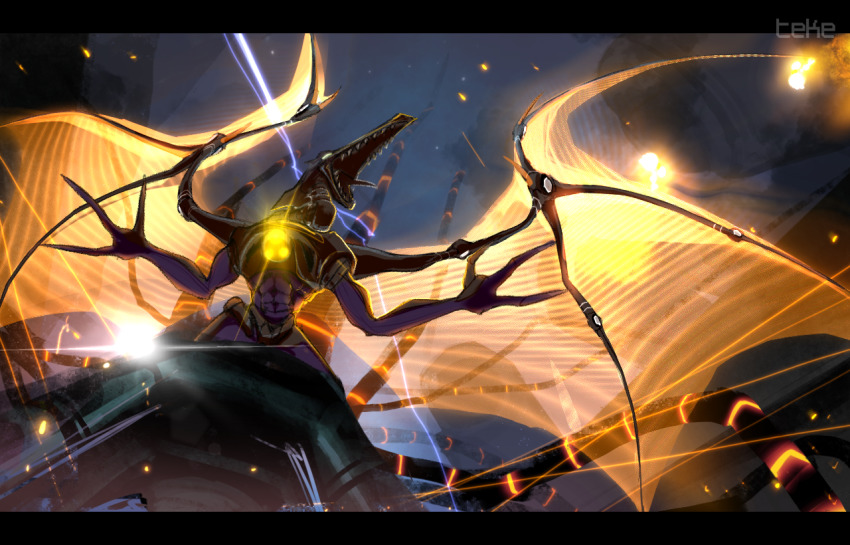 backlighting cable claws colored_skin cyborg glowing glowing_wings letterboxed lightning long_tongue meta_ridley metroid metroid_prime metroid_prime_1 nintendo purple_skin ridley sharp_teeth teeth teke tongue wings