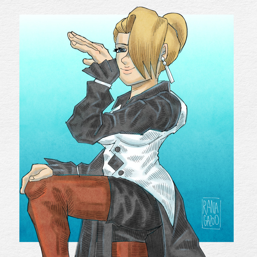 1girl ass blonde_hair blue_eyes breasts clothes_lift curvy dress dress_lift earrings female_focus formal_clothes hair_bun highres jewelry large_breasts leg_up long_hair long_sleeves mature_(kof) pantyhose ranagazo0 shorts skirt skirt_lift smile smiley_face the_king_of_fighters thick_lips thighs