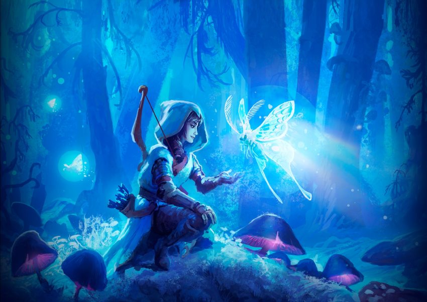 1girl arrow_(projectile) bow breasts brown_hair earrings fairy forest gloves green_eyes highres jewelry mushroom_girl nature open_clothes open_shirt trine white_hood zoya_(trine)