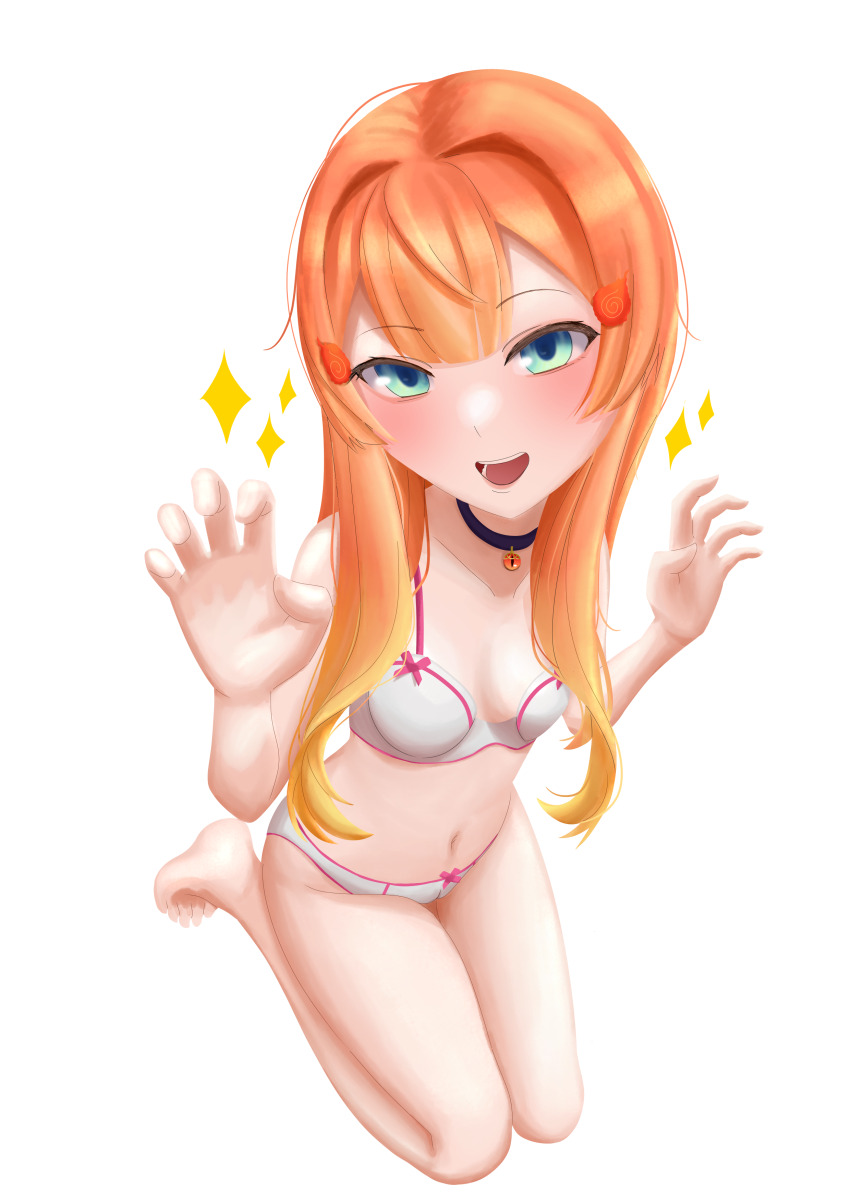 1girl absurdres belly blue_eyes blush bra breasts commission feet hair_ornament highres japanese_text kneeling long_hair looking_at_viewer miki_hitsugi navel open_mouth orange_hair panties small_breasts specialite_en teeth thighs toes underwear underwear_only virtual_youtuber white_bra white_panties