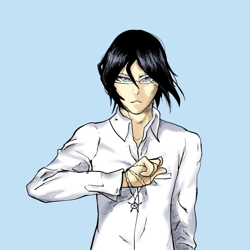 1boy black_hair bleach bleach:_sennen_kessen-hen blue_eyes formal_clothes glasses hair_between_eyes highres ishida_uryuu kubo_tite_(style) long_sleeves looking_at_viewer male_focus non-web_source pale_skin quincy_(bleach) shirt solo sternritter suit wandenreich wandenreich_uniform white_shirt