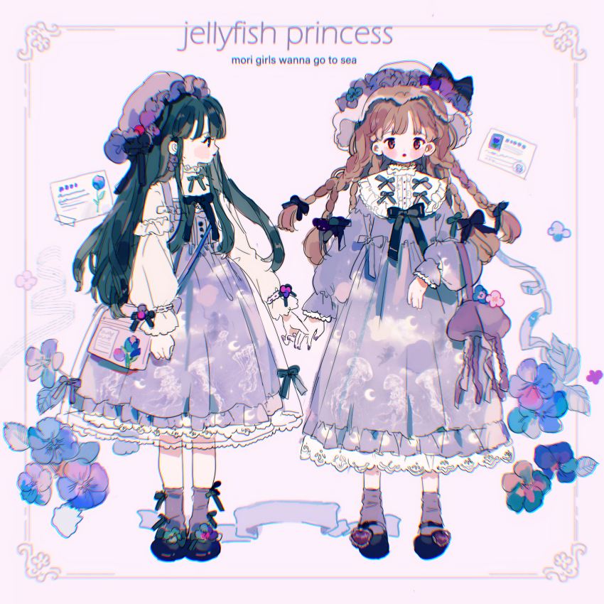2girls ankle_socks bag black_bow black_bowtie black_hair black_shoes blunt_bangs bow bow_legwear bowtie braid brown_hair chinese_commentary classic_lolita cloud_print collared_shirt commentary_request crescent_print double-parted_bangs dress english_text expressionless flower footwear_bow footwear_flower frilled_dress frilled_headwear frilled_shirt frilled_sleeves frills full_body hair_bow handbag hat hat_bow highres holding_hands jellyfish lace lace-trimmed_dress lace_trim loafers lolita_fashion long_dress long_hair long_sidelocks long_sleeves looking_ahead looking_at_another mary_janes mob_cap multiple_braids multiple_girls multiple_hair_bows original picture_frame pink_bag postcard puffy_long_sleeves puffy_sleeves purple_background purple_bag purple_dress purple_flower purple_hat purple_ribbon purple_socks purple_theme putong_xiao_gou ribbon shirt shirt_under_dress shoes sidelocks simple_background socks starry_sky_print tape very_long_hair white_hat white_shirt