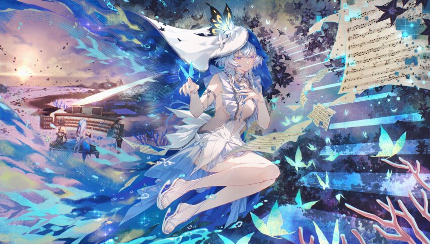 1girl armlet black_flower blue_butterfly blue_grass blue_hair blue_nails blue_veil breasts bug butterfly butterfly_on_hand colored_eyelashes coral cross-laced_clothes cross-laced_top dress elbow_pads feet female_rover_(wuthering_waves) flower grand_piano hair_between_eyes heel-less_heels highres insect instrument jewelry large_breasts legs long_hair nail_polish no_veil piano purple_eyes purple_pupils rover_(wuthering_waves) sagi_(sagi_0116) sandals sheet_music silver_armlet sleeveless sleeveless_dress shorekeeper_(wuthering_waves) toenail_polish toenails toes two-tone_veil veil white_dress white_veil wuthering_waves