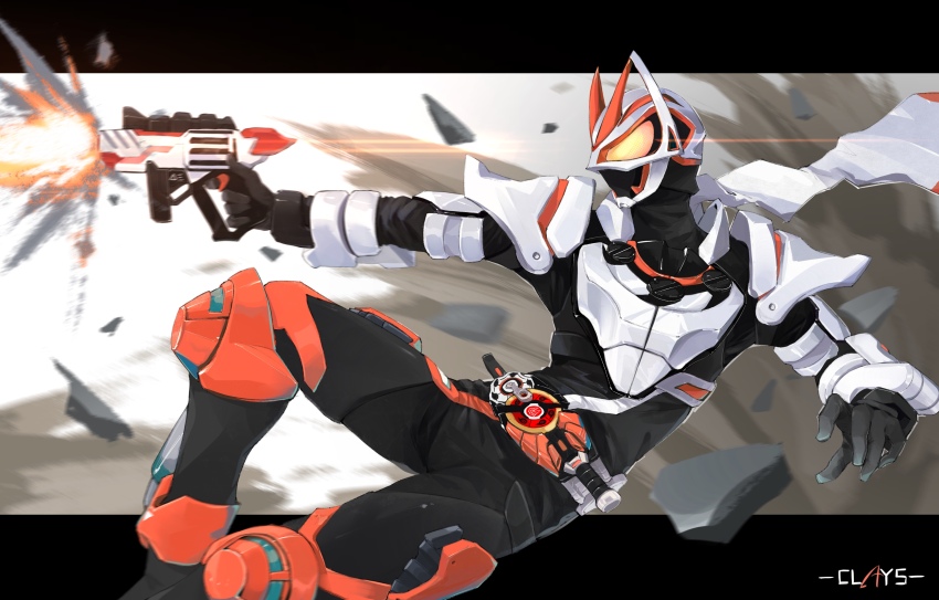 1boy absurdres aiming animal_ears armor armored_boots artist_name black_bodysuit black_boots black_gloves bodysuit boost_buckle boots breastplate bridge character_name cityscape clays_(clayschan) commentary compound_eyes desire_driver electricity exhaust exhaust_pipe fire firing flying fox fox_ears fox_mask from_side full_body gloves glowing glowing_eyes gun handgun highres holding holding_weapon kamen_rider kamen_rider_geats kamen_rider_geats_(series) kitsune magnum_boost magnum_buckle magnum_shooter_40x male_focus mask mechanical_legs motor_vehicle motorcycle orange_armor outside_border profile railing raise_buckle red_eyes red_lightning rubble scarf shoulder_armor solo sparks symbol-only_commentary tokusatsu weapon white_armor white_scarf