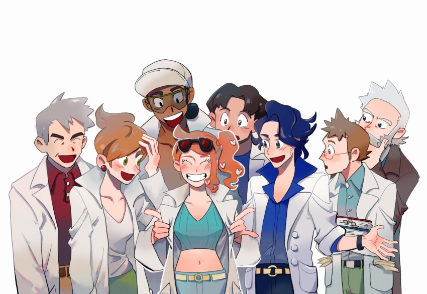2girls 6+boys 79x_(ox79xo) professor_sycamore professor_juniper beard professor_birch black_hair blue_hair brown_eyes brown_hair dark-skinned_male dark_skin professor_elm facial_hair glasses green_eyes grey_hair hair_bun hair_ornament hat heart heart_hair_ornament highres professor_kukui looking_at_another midriff multiple_boys multiple_girls navel nintendo open_collar open_mouth pokemon pokemon_bw pokemon_dppt pokemon_gsc pokemon_rgby pokemon_rse pokemon_sm pokemon_swsh pokemon_xy professor_rowan professor_oak side_ponytail simple_background single_hair_bun smile sonia_(pokemon) sunglasses sunglasses_on_head upper_body white_headwear wristband