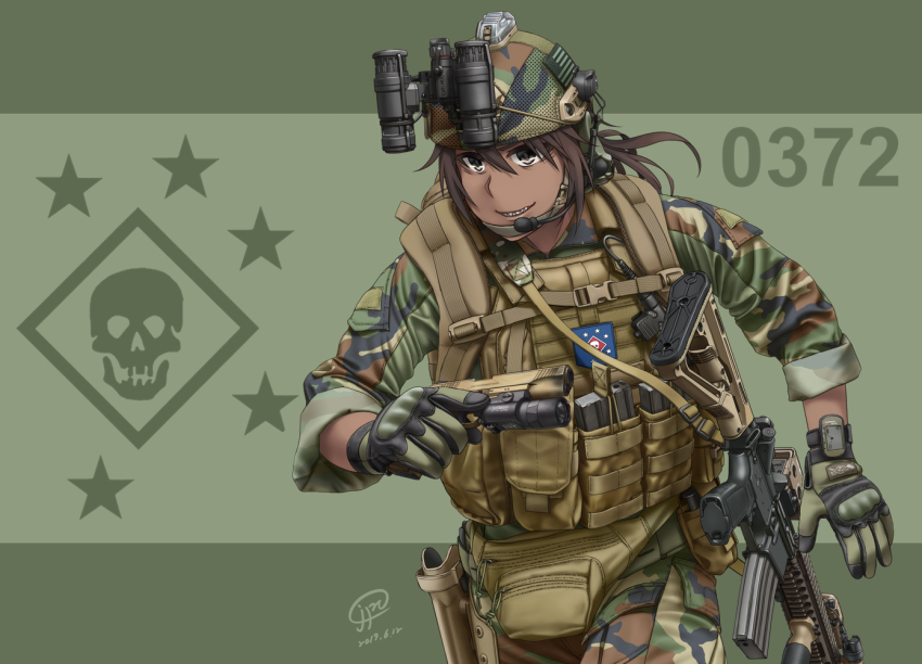 1girl ammunition_pouch assault_rifle brown_hair buckle camouflage combat_helmet commentary cowboy_shot dark-skinned_female dark_skin dated female_focus flashlight gloves gun handgun headset helmet holographic_weapon_sight holster jpc load_bearing_vest m4_carbine military military_combat_uniform military_fatigues military_uniform original pistol pouch reflector_sight rifle sharp_teeth sight_(weapon) sleeves_rolled_up snap-fit_buckle solo tactical_light teeth weapon