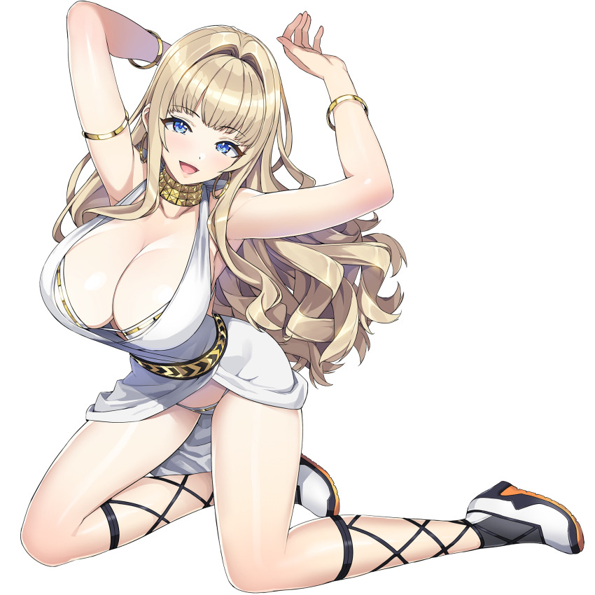 1girl armband arms_behind_head bikini blonde_hair blue_eyes bracelet breasts cleavage dolphin_wave game_cg gold_choker gold_trim hair_intakes highres jewelry kirahoshi_kanna kneeling large_breasts long_hair looking_at_viewer multiple_bracelets non-web_source official_alternate_costume official_art ootomo_takuji robe shoes side_slit smile solo studded_choker swimsuit transparent_background wavy_hair white_bikini white_robe