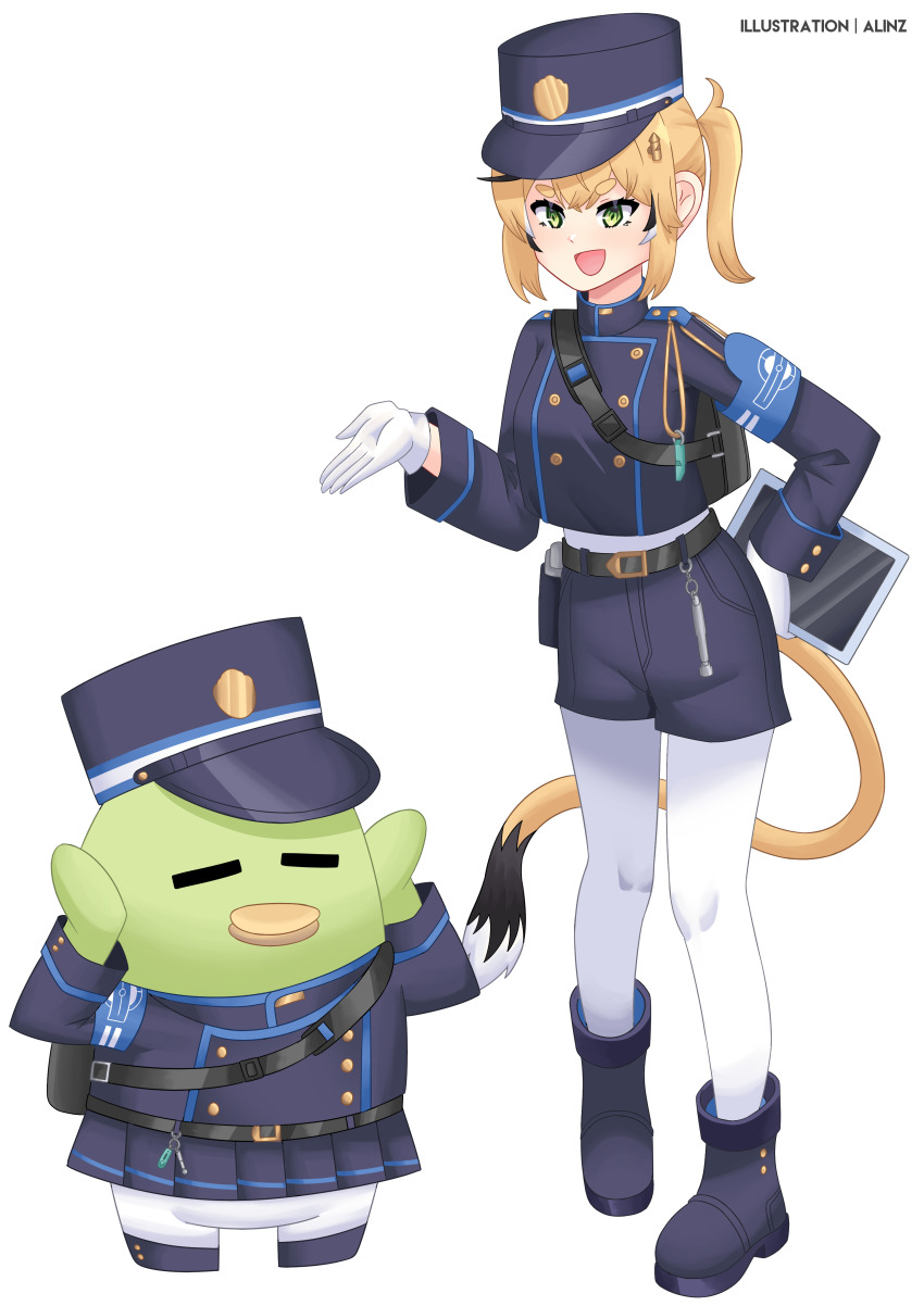 1girl :d =_= absurdres alinz alternate_costume alternate_hairstyle animal ankle_boots armband arms_up artist_name belt belt_pouch black_belt black_boots black_hair black_hat black_jacket black_shorts black_streaks blonde_hair blue_archive blue_armband boots buttons closed_eyes clothed_animal commentary cosplay cropped_jacket dooby_(vtuber) double-breasted english_commentary full_body gloves green_eyes hair_ornament hand_on_own_hip hands_up hat highres hikari_(blue_archive) hikari_(blue_archive)_(cosplay) hikimayu holding holding_tablet_pc indie_virtual_youtuber indoors jacket jerboa_tail kappa kippu_(dooby) long_sleeves looking_ahead mouse_girl mouse_tail multicolored_hair nozomi_(blue_archive) nozomi_(blue_archive)_(cosplay) open_mouth outfit_connection pantyhose parody peaked_cap pose_imitation pouch rabbit_pose short_eyebrows short_hair short_shorts short_sidetail shorts shoulder_belt side-by-side side_ponytail sidelocks simple_background smile standing streaked_hair tablet_pc tail thick_eyebrows train_conductor trait_connection variant_set virtual_youtuber white_background white_gloves white_hair white_pantyhose white_streaks yellow_eyes yellow_tail