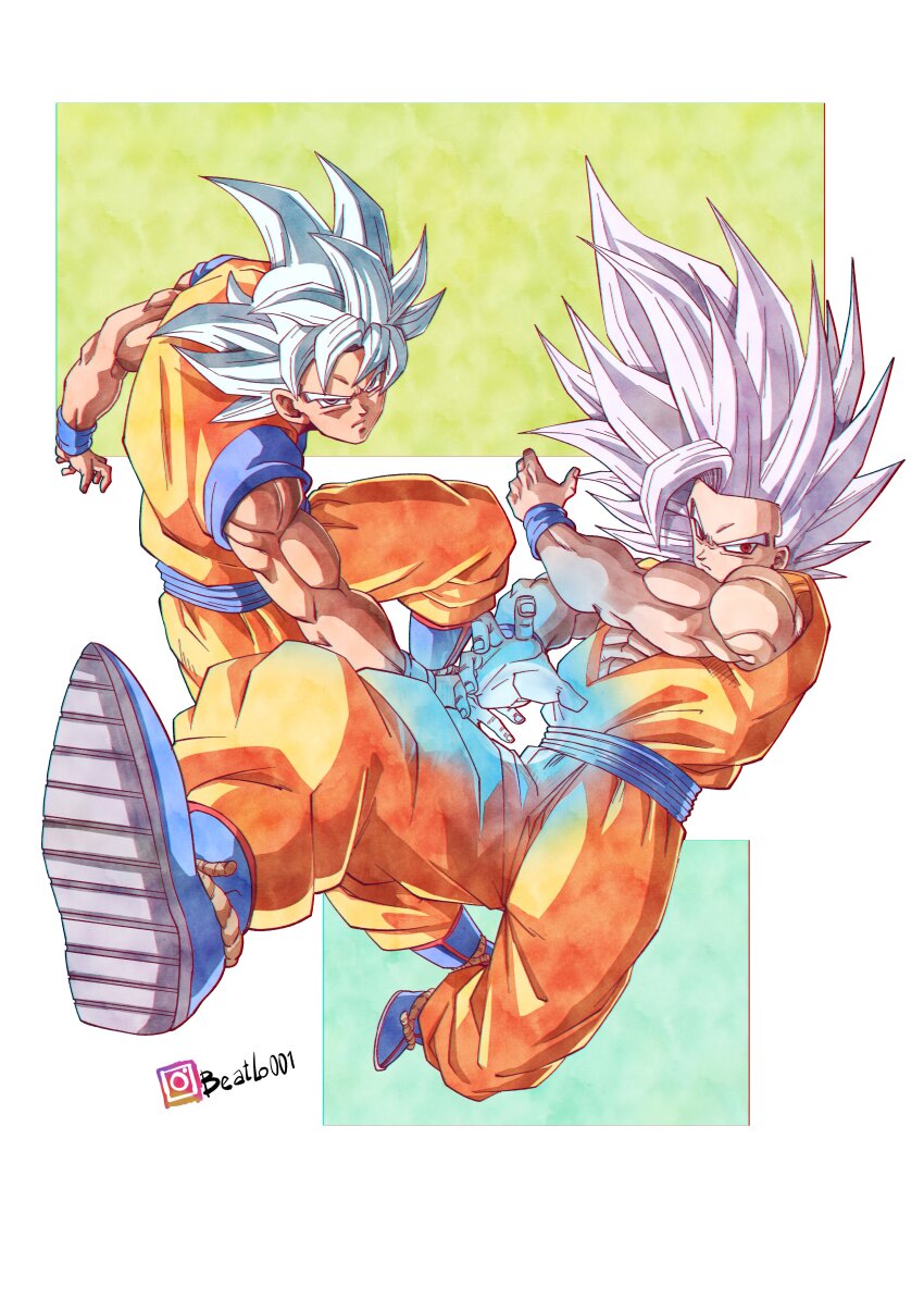 2boys absurdres beatlo_(rodrigo38658978) blue_shirt dougi dragon_ball dragon_ball_super dragon_ball_super_super_hero father_and_son gohan_beast highres instagram_username looking_at_viewer multiple_boys muscular muscular_male orange_pants orange_shirt pants red_eyes sash shirt sleeveless sleeveless_shirt son_gohan son_goku spiked_hair ultra_instinct undershirt v-shaped_eyebrows white_eyes white_hair wristband