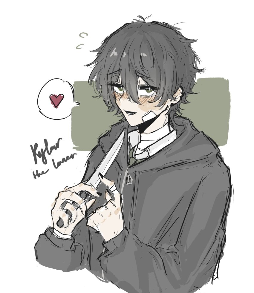 black_hair black_hoodie blush character_name degrees_of_lewdity green_eyes heart highres holding holding_knife hood hoodie knife kylar_(degrees_of_lewdity) kylar_(male)_(degrees_of_lewdity) looking_at_viewer short_hair solo speech_bubble spoken_heart sutaruudayo upper_body