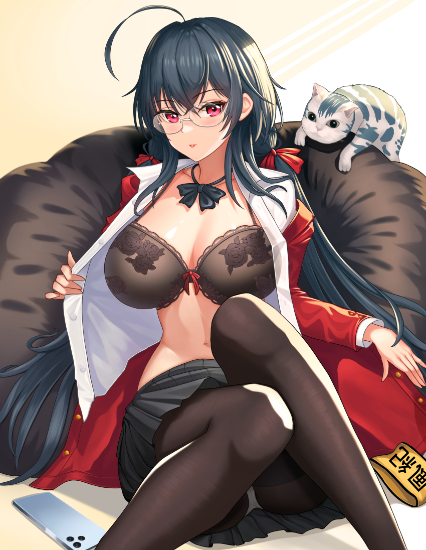 1girl absurdres ahoge armband azur_lane black_bow black_bowtie black_hair black_pantyhose black_skirt bow bowtie breasts cellphone feet_out_of_frame grey_cat highres jacket large_breasts long_hair looking_at_viewer official_alternate_costume open_clothes open_shirt panties panties_under_pantyhose pantyhose pantyshot phone pleated_skirt rakuri_(rwrn5475) red_eyes red_jacket round_eyewear school_uniform shirt sitting skirt smartphone solo taihou_(azur_lane) taihou_(sweet_time_after_school)_(azur_lane) underwear unworn_armband very_long_hair white_panties white_shirt yellow_armband