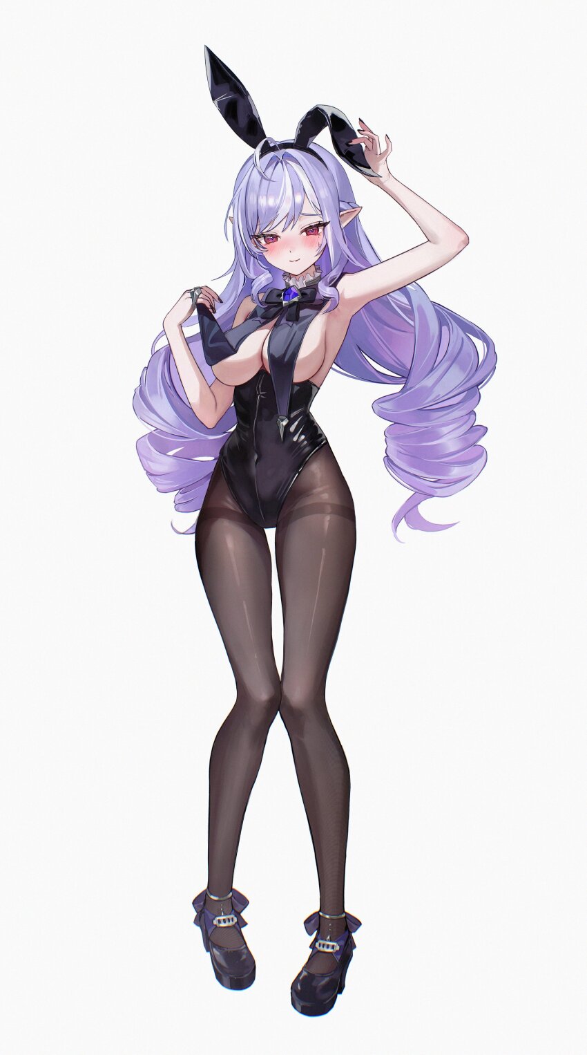 1girl absurdres alternate_costume animal_ear_hairband animal_ears arm_up armpits black_leotard black_nails black_pantyhose black_shoes blush bow bowtie breast_curtain_lift breast_curtains breasts closed_mouth commentary covered_navel embarrassed fake_animal_ears full_body grey_background hairband highres large_breasts leotard long_hair looking_at_viewer multicolored_hair nail_polish pantyhose pointy_ears purple_bow purple_bowtie purple_hair rabbit_ear_hairband rabbit_ears red_eyes shoes simple_background smile solo streaked_hair sweatdrop thighband_pantyhose very_long_hair vivian_(zenless_zone_zero) zenless_zone_zero zije