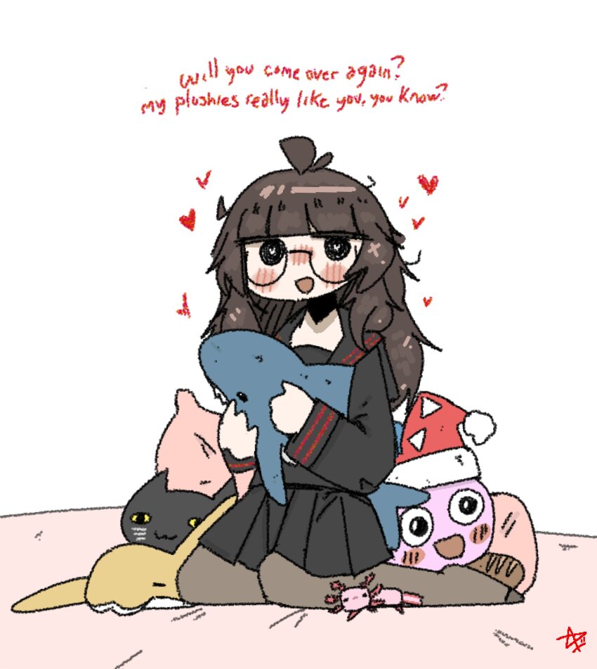 1girl :3 :d ahoge ashenov axolotl bed_sheet black_eyes black_hair black_shirt black_skirt blush bread english_text food glasses grey_pantyhose hat heart heart-shaped_pupils highres holding holding_stuffed_toy ikea_shark kneeling long_hair long_sleeves looking_at_viewer messy_hair nose_blush open_mouth pantyhose pleated_skirt red_sleeve_cuffs santa_hat shirt simple_background skirt smile solo stuffed_animal stuffed_shark stuffed_toy symbol-shaped_pupils white_background