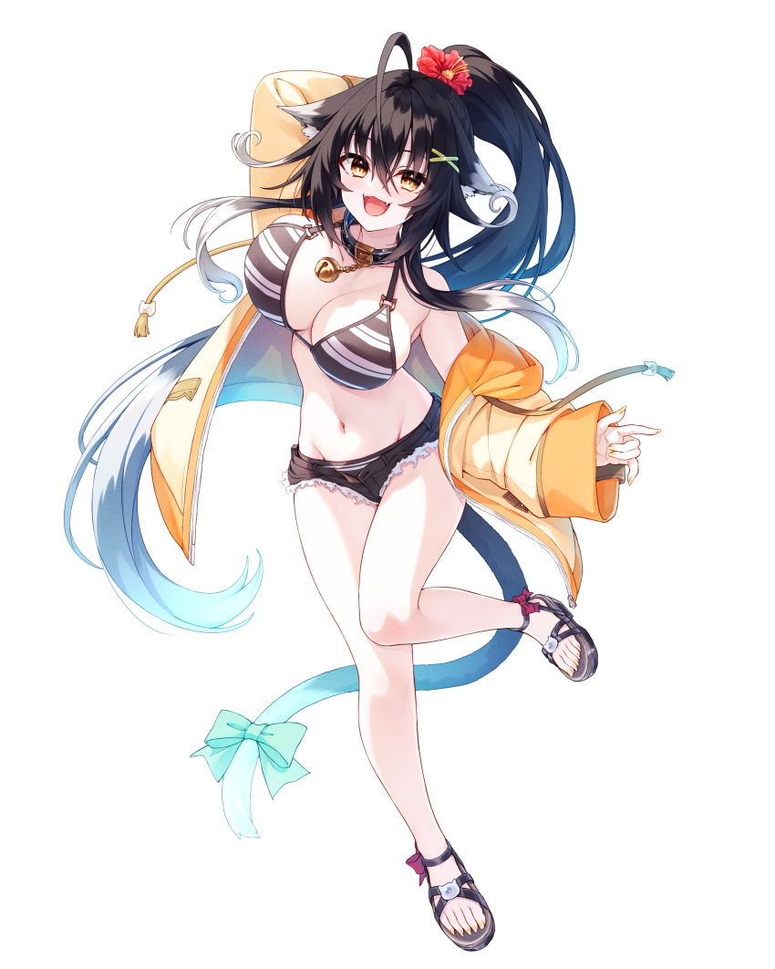 1girl :d absurdres ahoge animal_ears bell bikini black_hair black_sandals black_shorts bow breasts cat_ears cat_tail flower hair_flower hair_ornament hasumi_(hasubatake39) highres jacket large_breasts long_hair micro_shorts neck_bell open_clothes open_jacket open_mouth original ponytail sandals setsuna_(hasumi_(hasubatake39)) shorts smile solo striped_bikini striped_clothes swimsuit tail tail_bow tail_ornament very_long_hair yellow_eyes yellow_nails