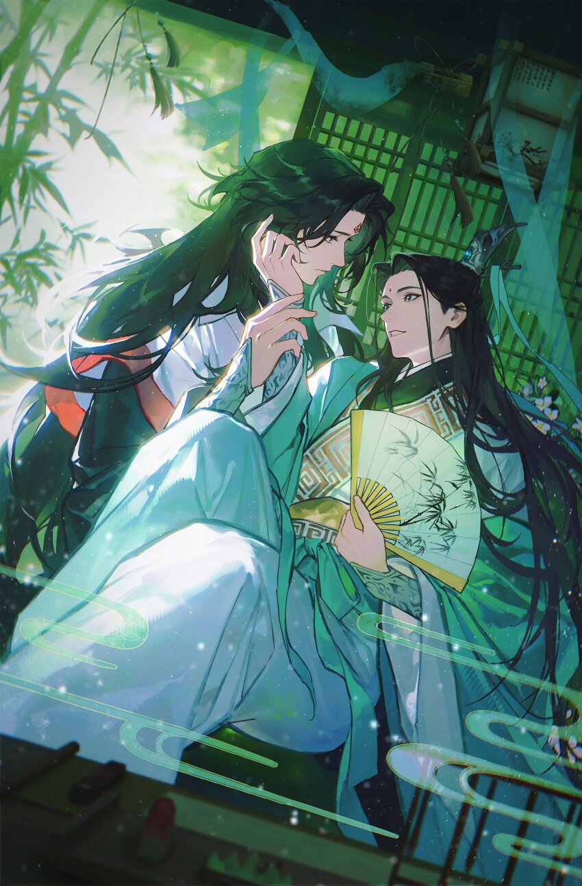 2boys absurdres al_(ahr) bamboo bamboo_forest black_hair black_hanfu chinese_clothes chinese_commentary closed_mouth eye_contact facial_mark flower folding_fan forehead_mark forest green_hanfu green_ribbon green_sash hand_fan hanfu highres holding holding_fan long_hair long_sleeves looking_at_another luo_binghe male_focus multiple_boys nature pants renzha_fanpai_zijiu_xitong ribbon ribboned_xiao_guan robe sash screen_door shen_qingqiu sitting smile tassel topknot white_flower white_pants white_robe wide_sleeves xiao_guan_(headdress) yaoi zuiyin