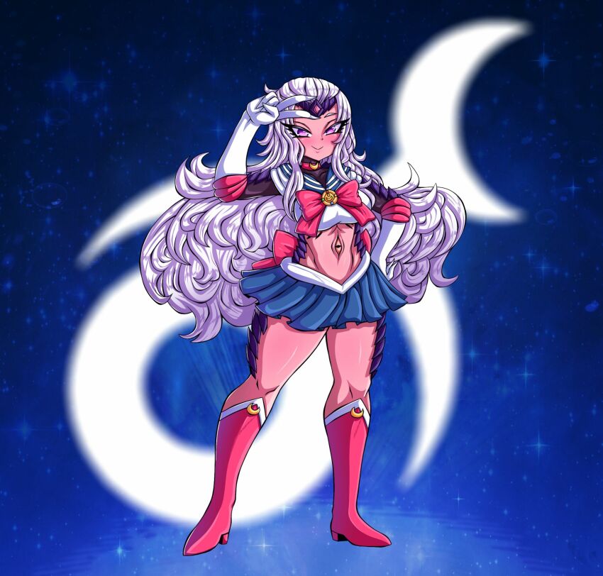 absurdres blue_background blush boots breasts choker colored_skin cosplay demon_girl elbow_gloves eye_on_belly gloves gradient_background hair_over_shoulder high_heel_boots high_heels highres izfanart knee_boots large_breasts long_boots long_glove long_hair looking_at_viewer midriff miniskirt multicolored_skin pink_eyes pink_skin purple_scales purple_skin red_footwear sailor_moon sailor_moon_(cosplay) sailor_senshi_uniform scales sidelocks skirt slaanesh slaanesh_(symbol) smile star_(sky) starry_sky_background tiara two-tone_skin warhammer_40k white_gloves white_hair yellow_eyes