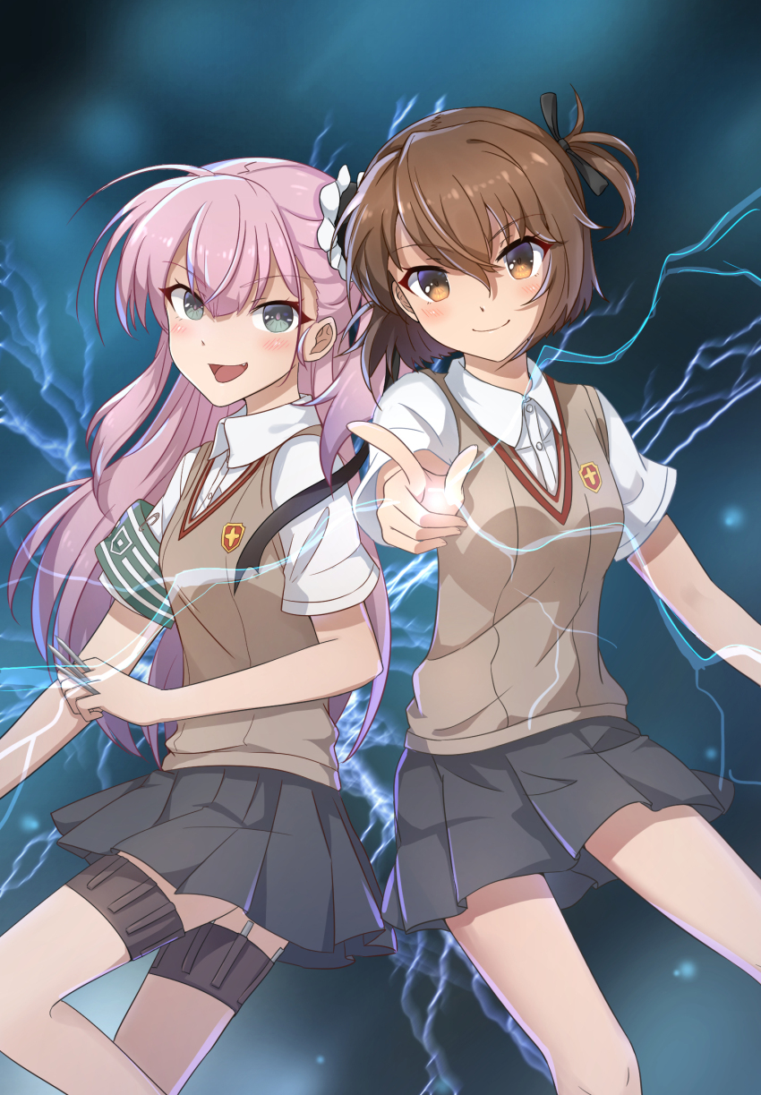 2girls blue_eyes blush brown_eyes brown_hair brown_sweater_vest collared_shirt commentary_request cosplay electricity etou_kanami grey_skirt hair_between_eyes hair_ornament hair_ribbon highres holster judgement_armband_(toaru) long_hair looking_at_viewer misaka_mikoto misaka_mikoto_(cosplay) multiple_girls needle one_side_up open_mouth pink_hair pleated_skirt ribbon school_uniform shirai_kuroko shirai_kuroko_(cosplay) shirt short_hair short_sleeves shorts skirt smile summer_uniform sweater_vest thigh_holster throwing_needles toaru_kagaku_no_railgun toaru_majutsu_no_index toji_no_miko tokiwadai_school_uniform tsubakuro_yume v-shaped_eyebrows white_shirt yumina_(artist)