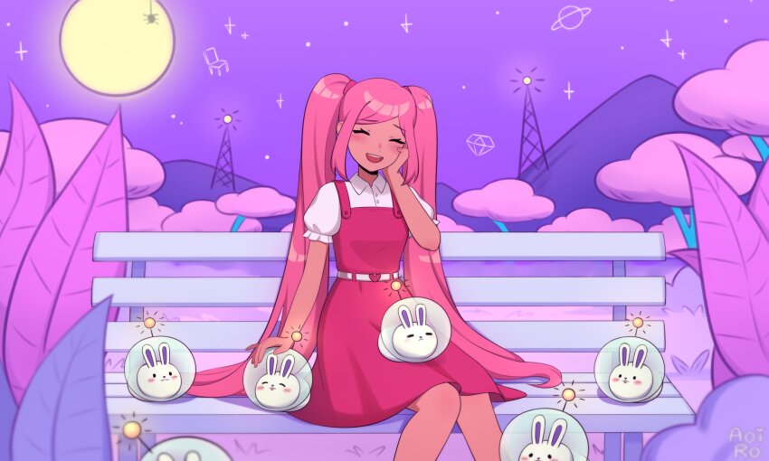 1girl absurdres aoiro_arts bench blush closed_eyes dark-skinned_female dark_skin dress hand_on_own_chest highres long_hair omori open_mouth outdoors perfectheart_(omori) pink_dress pink_hair short_sleeves sitting smile solo space_bunny_(omori) tree twintails