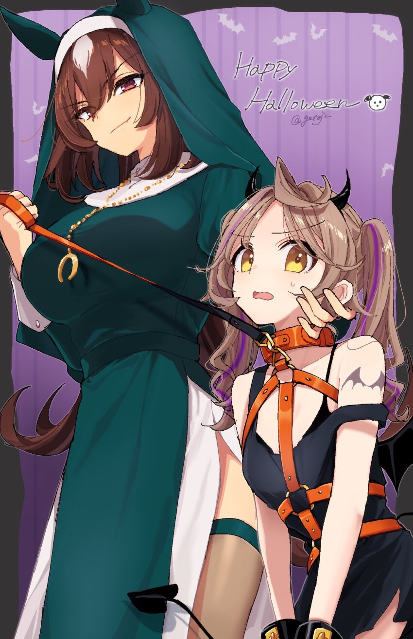 2girls animal_ears bat_(animal) black_dress brown_eyes brown_hair chest_harness closed_mouth commentary_request demon_horns demon_tail dress female_trainer_(umamusume) green_robe halloween hand_on_another&#039;s_face happy_halloween harness highres horns horse_ears jewelry multiple_girls necklace nun open_mouth robe sirius_symboli_(umamusume) smile strap_slip sweatdrop tail toji_(y2toj2) trainer_(umamusume) twintails umamusume yellow_eyes yuri