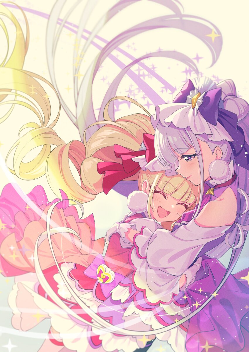 2girls :d absurdres aisaki_emiru blonde_hair blurry bow bow-shaped_hair clothing_cutout collared_dress cure_amour cure_macherie depth_of_field dress earrings floating_hair gloves hair_bow happy highres hug hugtto!_precure jewelry long_hair long_sleeves looking_at_another magical_girl multicolored_dress multiple_girls open_mouth pom_pom_(clothes) pom_pom_earrings precure purple_bow purple_dress purple_eyes purple_hair red_bow red_dress rice_rabbit22 ruru_amour shoulder_cutout smile thighhighs very_long_hair white_gloves