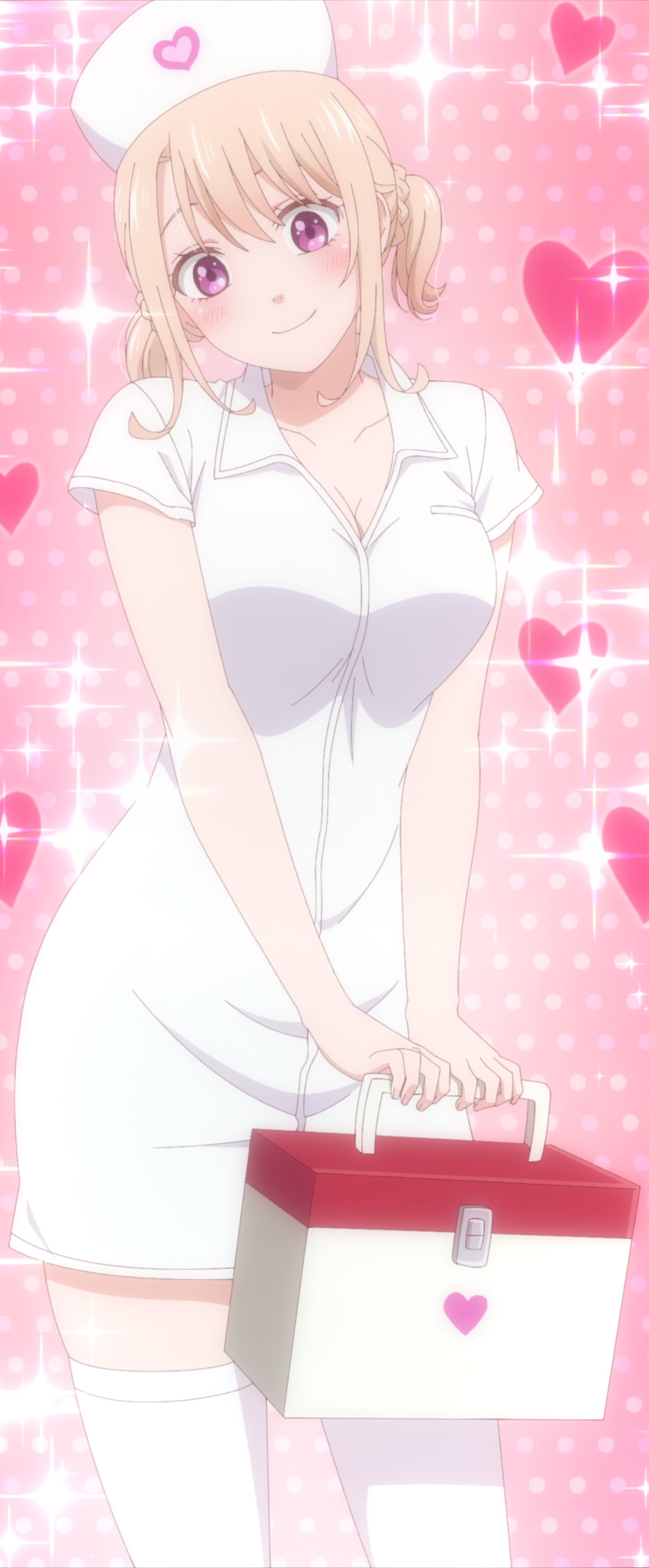 absurdres anime_screenshot blonde_hair blush breasts cleavage collarbone first_aid_kit hat heart highres kawai_mona kuroiwa_medaka_ni_watashi_no_kawaii_ga_tsuujinai large_breasts nurse nurse_cap purple_eyes smile sparkle stitched thighhighs third-party_edit twintails white_thighhighs zettai_ryouiki