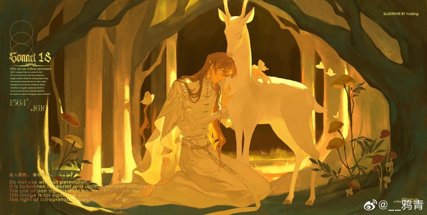 1boy absurdres barefoot blank_eyes braid braided_bangs brown_hair bug butterfly cape deer earrings english_text forest frilled_sleeves frills from_side full_body grass hair_between_eyes highres holding_another&#039;s_hair insect jewelry long_hair long_sleeves male_focus mushroom nature on_ground original petting pointy_ears profile robe sash seiza sitting solo sunlight tassel tree triangle_earrings very_long_hair watermark wavy_hair weibo_watermark white_cape white_robe white_sash yaqing yellow_theme