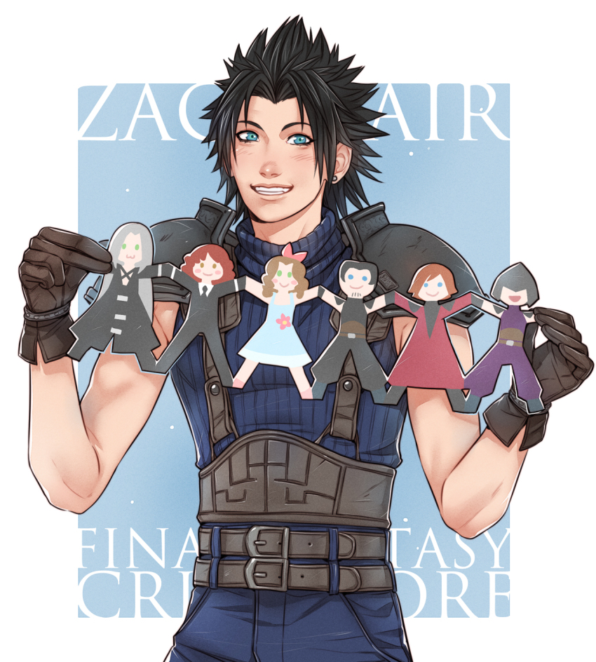 1boy aerith_gainsborough angeal_hewley armor belt black_hair blue_eyes brown_gloves cissnei crisis_core_final_fantasy_vii crylin6 earrings final_fantasy final_fantasy_vii genesis_rhapsodos gloves grin highres holding jewelry kunsel multiple_belts paper_doll paper_doll_chain pauldrons sephiroth shoulder_armor single_earring sleeveless sleeveless_turtleneck smile spiked_hair suspenders turtleneck zack_fair