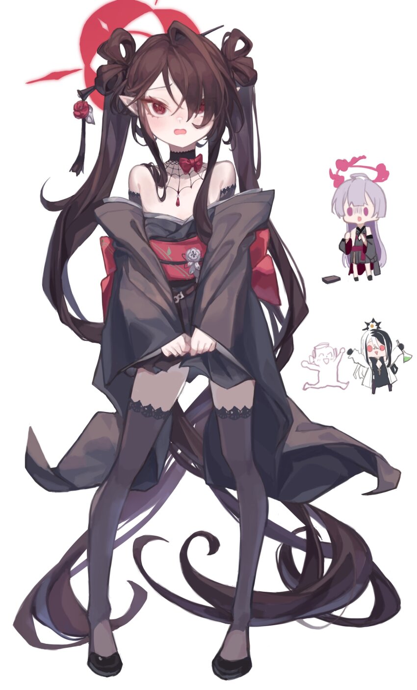 1boy 3girls absurdly_long_hair absurdres aged_down black_kimono black_shoes black_sleeves black_thighhighs blue_archive brown_hair chibi detached_sleeves doodle_sensei_(blue_archive) embarrassed frown ggangtong hair_ornament hair_rings hair_stick halo highres japanese_clothes kai_(blue_archive) kimono kokuriko_(blue_archive) long_hair multiple_girls obi open_mouth pointy_ears red_eyes red_halo sash sensei_(blue_archive) shoes shuro_(blue_archive) solo_focus thighhighs twintails very_long_hair