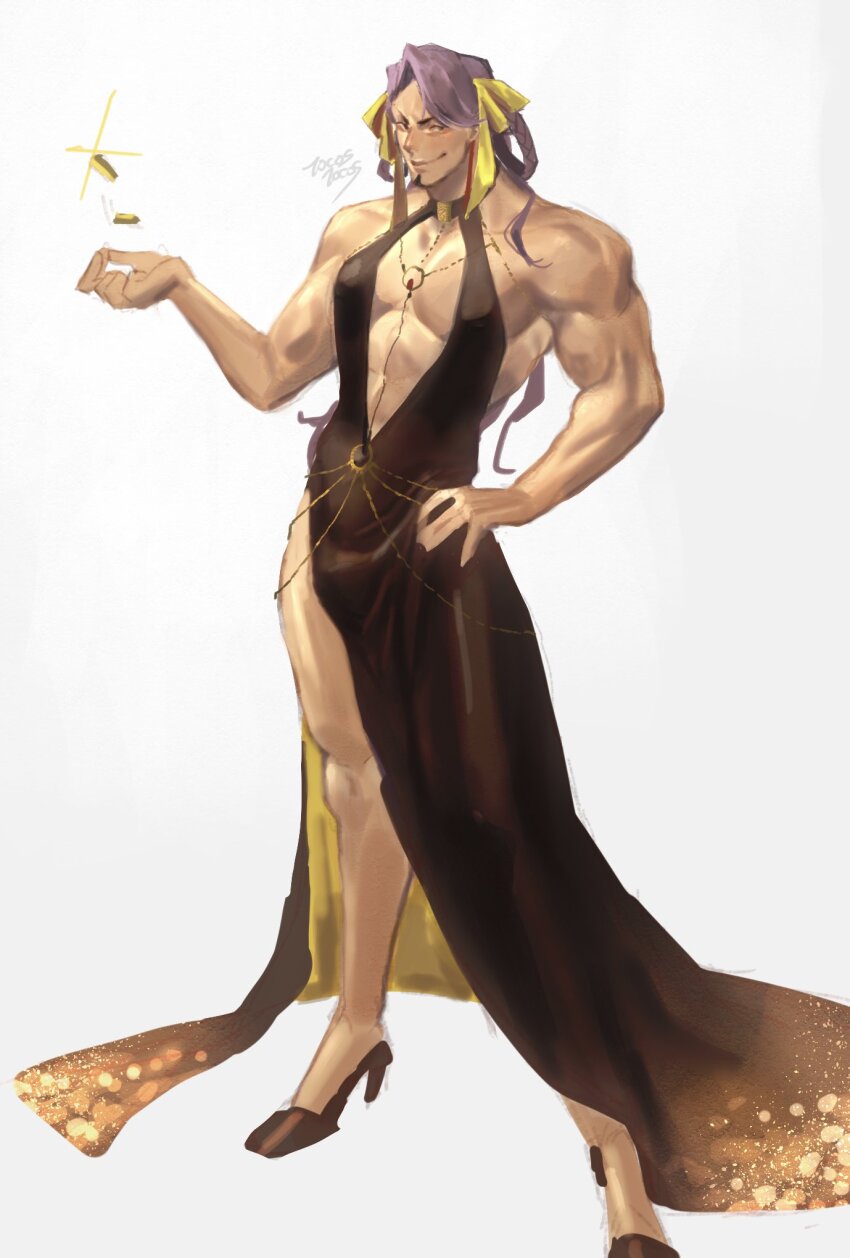 1boy bara bb_dubai_(fate) bb_dubai_(fate)_(cosplay) black_dress braid braided_hair_rings coin cosplay crossdressing dress duryodhana_(fate) earrings fabulous facial_hair fate/grand_order fate_(series) full_body glint goatee goatee_stubble grin hair_ribbon hair_rings high_heels highres jewelry large_pectorals long_hair looking_at_viewer male_focus mature_male muscular muscular_male pectorals pelvic_curtain purple_eyes purple_hair ribbon smile solo standing stubble thick_eyebrows tuffy_0317 white_background yellow_ribbon