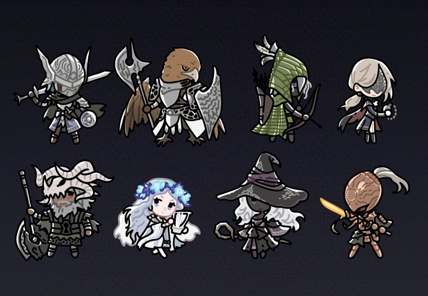3girls 5boys animal_head armor ascot beak bird bird_boy black_skin blindford blonde_hair blue_surcoat brother_and_sister closed_eyes colored_skin dark_skin duchess_(elden_ring) elden_ring elden_ring_nightreign executor_(elden_ring) flower_wreath gloves guardian_(elden_ring) halberd hat hat_over_eyes hat_over_one_eye hawk helmet highres ironeye_(elden_ring) large_hat long_hair multiple_boys multiple_girls polearm raider_(elden_ring) recluse_(elden_ring) revenant_(elden_ring) siblings sword very_dark_skin weapon winged_helmet witch witch_hat wooden_staff wylder_(elden_ring) zerosshadows