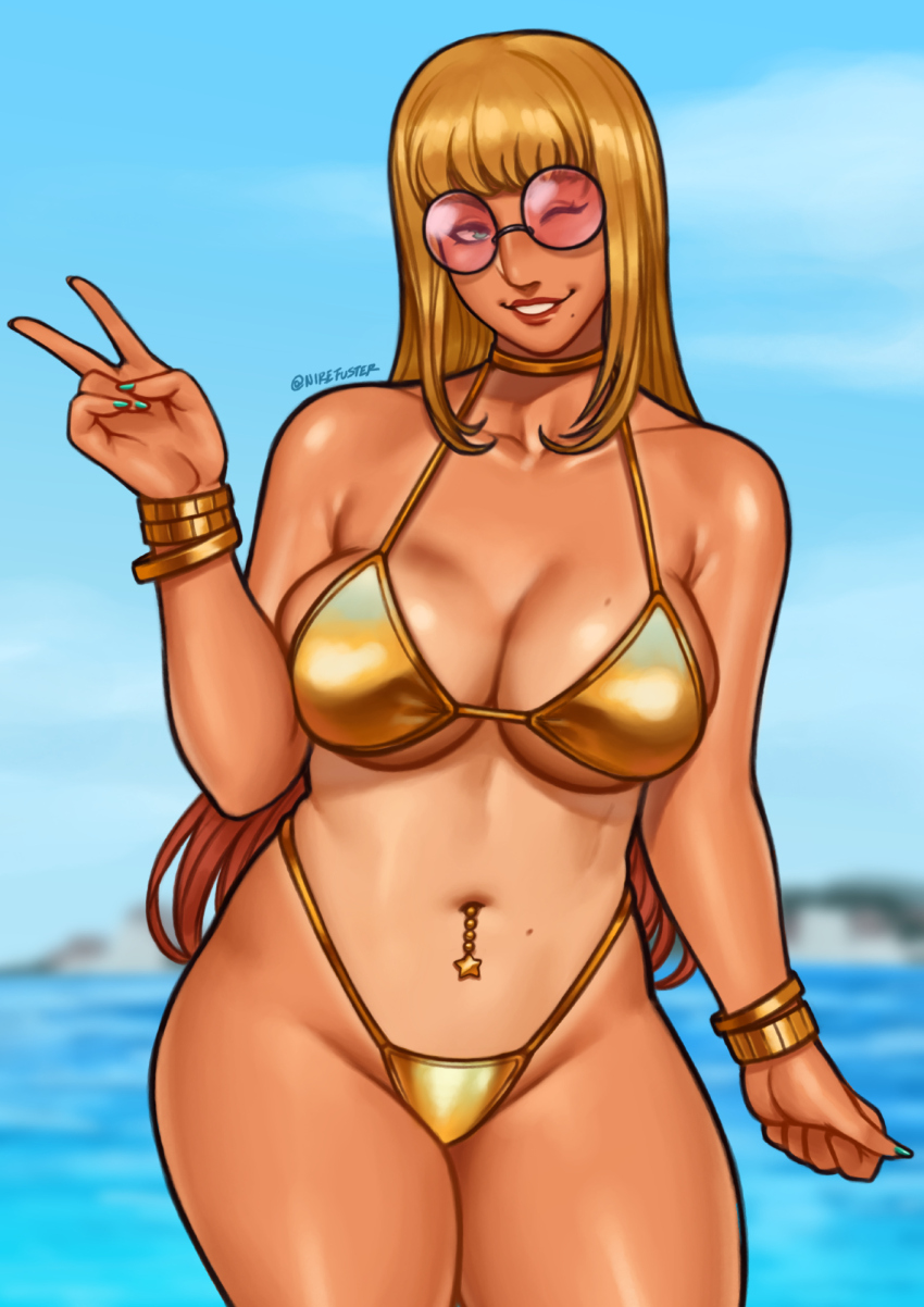 1girl beach bikini blonde_hair blue_sky blurry blurry_background breasts cleavage gold_bikini highres large_breasts looking_to_the_side navel_piercing nire_(nirefuster) one_eye_closed original piercing sky smile solo sunglasses swimsuit tinted_eyewear v wristband