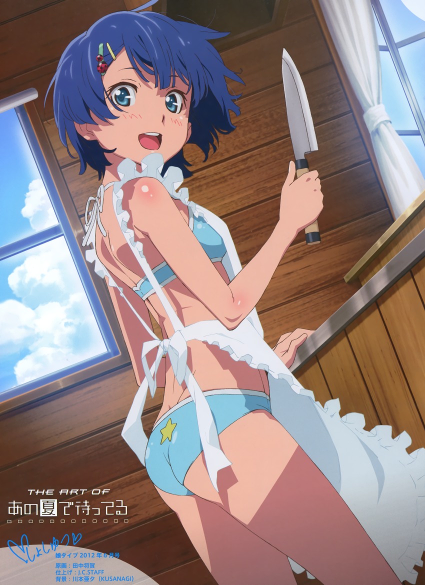 1girl :d absurdres ano_natsu_de_matteru apron aqua_eyes ass back bikini blue_bikini blue_hair blush cooking dengeki_moeoh female_focus hair_ornament hairclip halterneck highres knife looking_back magazine_scan nearly_naked_apron official_art open_mouth scan short_hair smile solo swimsuit tanaka_masayoshi tanigawa_kanna
