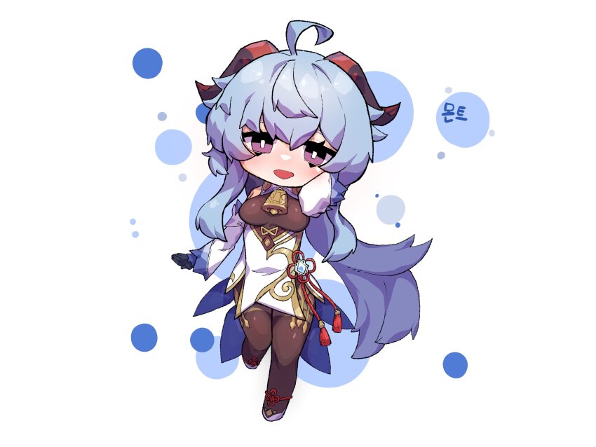 1girl absurdres ahoge bell blue_hair blush bodysuit breasts chibi commentary detached_sleeves dress full_body ganyu_(genshin_impact) genshin_impact gloves highres horns k.tomato korean_text long_hair looking_at_viewer medium_breasts neck_bell open_mouth purple_eyes simple_background solo tassel translation_request very_long_hair white_dress