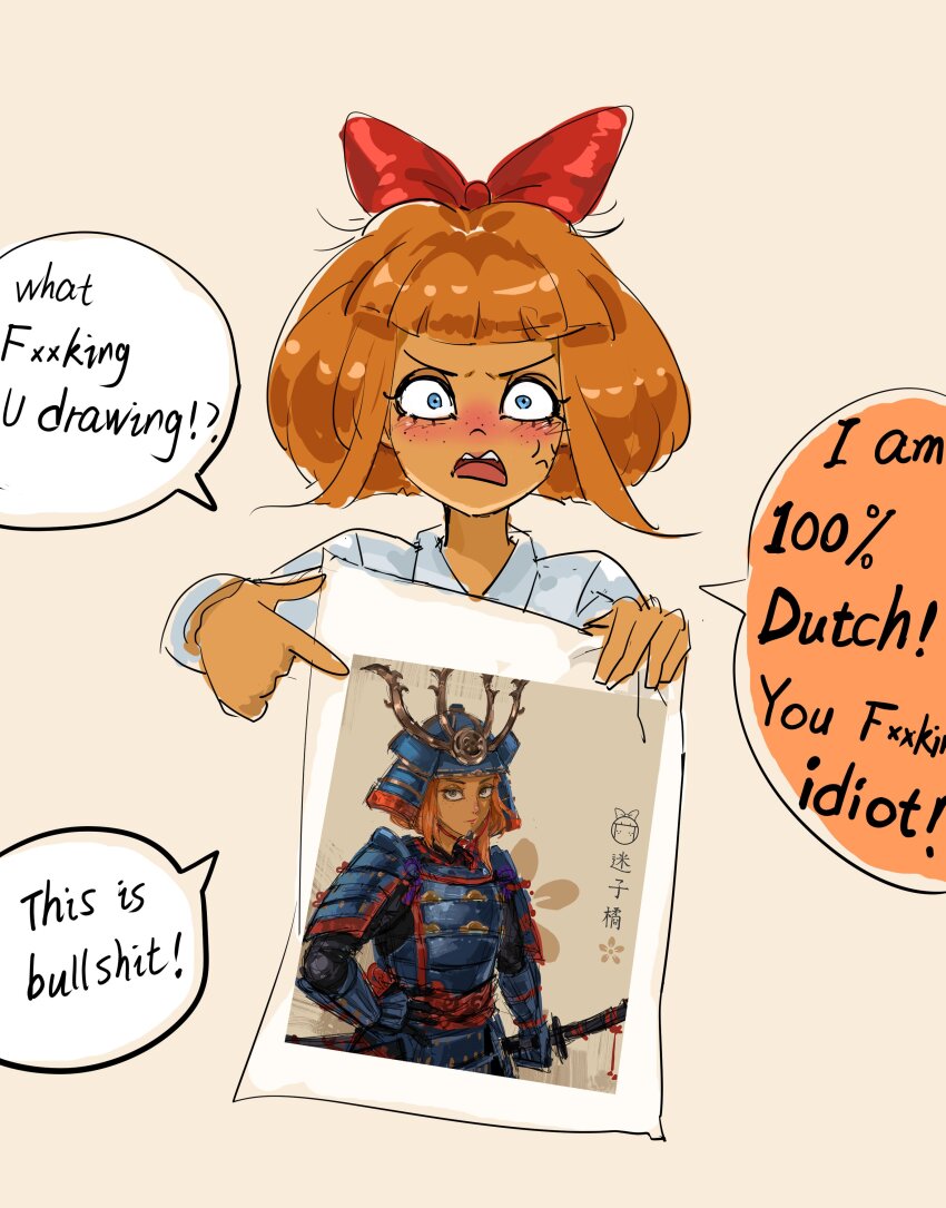 1girl absurdres anger_vein angry blue_eyes blunt_bangs blush bob_cut bow brown_background censored_profanity collared_shirt commentary dark-skinned_female dark_skin drawing_(object) dress_shirt embarrassed english_text freckles furrowed_brow hair_bow highres holding holding_drawing loose_hair_strand mymy_schoppenboer nose_blush ongezellig open_mouth orange_hair pointing pointing_at_object profanity red_bow romaji_commentary shirt short_hair shouting sidelocks simple_background sketch solo speech_bubble teeth the_devil_chewing_gum translated upper_teeth_only v-shaped_eyebrows white_shirt