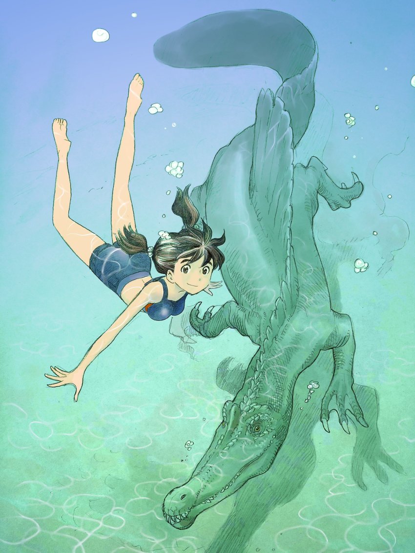 1girl air_bubble bare_arms barefoot breasts brown_eyes brown_hair bubble closed_mouth commentary dinosaur full_body highres kimi_wa_sukinosaurus looking_at_viewer midriff original prehistoric_animal sekiguchi_taro shiraishi_momiji shorts smile spinosaurus sports_bra traditional_media twintails underwater