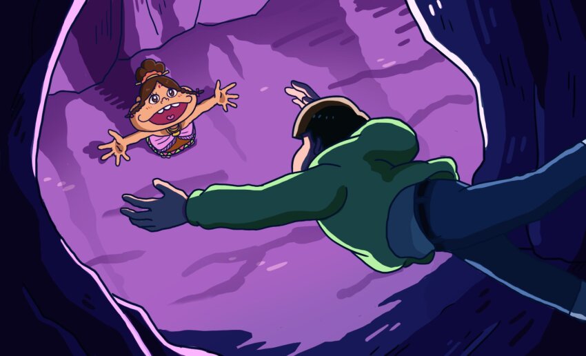 1boy 1girl amaizake backlighting bindi cave_interior dayoon_girl falling green_hoodie hair_ornament heart heart_in_mouth hood hoodie matsuno_choromatsu osomatsu-san osomatsu_(series) outstretched_arms smile