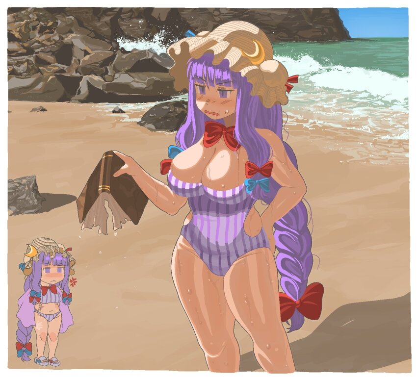 1girl anger_vein annoyed beach bikini blue_bow blue_ribbon blunt_bangs blush book bow bowtie braid breasts chibi chzzei closed_mouth commentary crescent crescent_hat_ornament english_commentary footwear_bow frown hair_bow hat hat_ornament hat_ribbon highres holding holding_book large_breasts long_hair multiple_hair_bows multiple_views ocean one-piece_swimsuit open_mouth patchouli_knowledge purple_bikini purple_eyes purple_footwear purple_hair purple_one-piece_swimsuit red_bow red_ribbon ribbon rock sand sandals single_braid small_sweatdrop striped_bikini striped_clothes striped_one-piece_swimsuit sun_hat swimsuit tan tanline touhou vertical-striped_bikini vertical-striped_clothes vertical-striped_one-piece_swimsuit very_long_hair wet