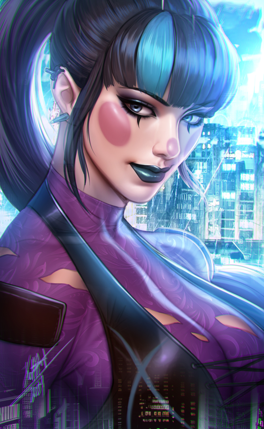 1girl absurdres batman_(series) black_dress black_eyeshadow black_hair black_lips blue_eyes blue_streaks blush_stickers breasts cityscape dc_comics dress eyeshadow highres kodiart96 large_breasts long_hair makeup multicolored_hair ponytail punchline_(dc) purple_shirt see-through_clothes see-through_shirt shirt signature sleeveless sleeveless_dress solo streaked_hair torn_clothes torn_shirt upper_body