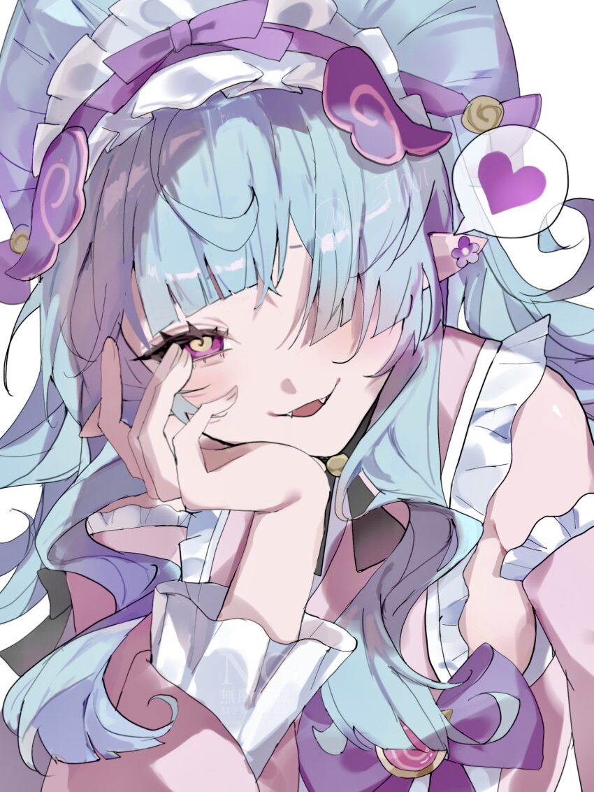 1girl ahoge blonde_hair bow breasts brooch commentary_request detached_sleeves evil_smile eyelashes fangs genshin_impact hat head_rest heart highres jewelry long_hair looking_at_viewer mamamam_pi multicolored_eyes pink_eyes pink_shirt pink_sleeves pointy_ears purple_bow shirt sideboob sidelocks simple_background smile solo spoken_heart two-tone_eyes upper_body very_long_hair wavy_hair white_background yellow_eyes yumemizuki_mizuki