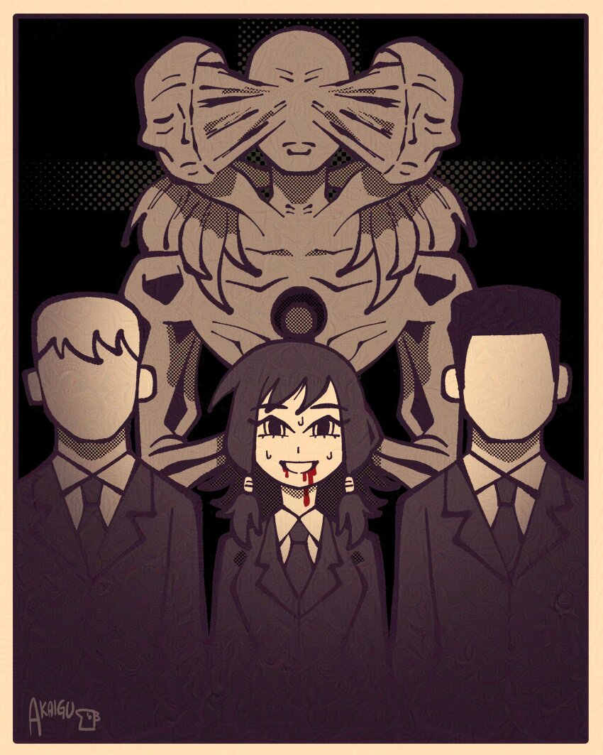 1girl 3boys absurdres aging_devil_(chainsaw_man) akaiguarts black_necktie blood blood_from_mouth chainsaw_man collared_shirt demon extra_faces grin highres jacket low-tied_sidelocks medium_hair mifune_fumiko multiple_boys necktie shirt short_hair sidelocks smile suit_jacket sweat