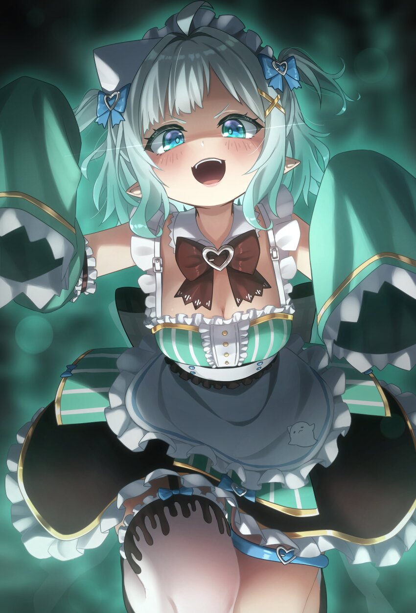 1girl absurdres apron aqua_dress aqua_hair black_skirt blue_eyes bow breasts brown_bow cleavage detached_collar dress frilled_skirt frills ghostenjoyerguy7007 gradient_hair grey_hair highres indie_virtual_youtuber maid_apron maid_headdress medium_breasts mint_fantome multicolored_hair open_mouth pointy_ears single_thighhigh skirt sleeves_past_fingers sleeves_past_wrists solo thighhighs triangular_headpiece two_side_up virtual_youtuber waist_apron white_apron white_thighhighs