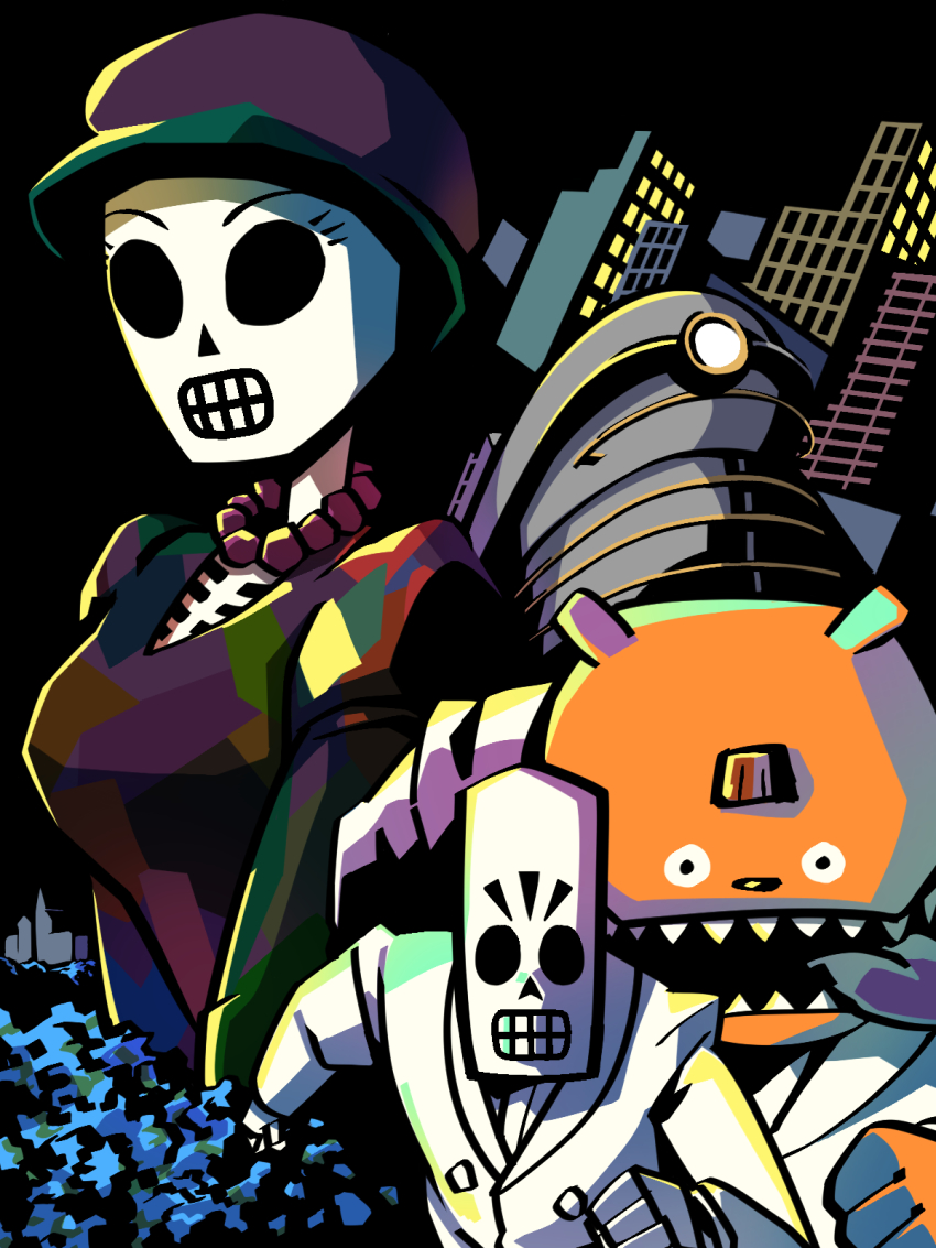 1girl 2boys black_background building city formal_clothes glottis grim_fandango hat highres jazz_jack jewelry manuel_calavera mercedes_colomar multiple_boys necklace pearl_necklace running sharp_teeth skeleton suit teeth train white_suit