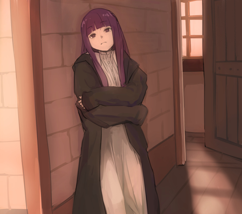 1girl album_cover_redraw black_robe blunt_bangs closed_mouth derivative_work door dress fern_(sousou_no_frieren) higemu indoors long_hair looking_at_viewer open_door purple_eyes purple_hair robe solo sousou_no_frieren utada_hikaru white_dress window