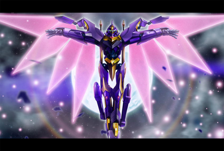 alternate_color code_geass code_geass:_fukkatsu_no_lelouch energy_wings flying glowing glowing_eyes green_eyes knightmare_frame lancelot_(code_geass) lancelot_albion lancelot_albion_zero letterboxed mecha moon open_hands robot solo wheel windy_(rpsa7872)